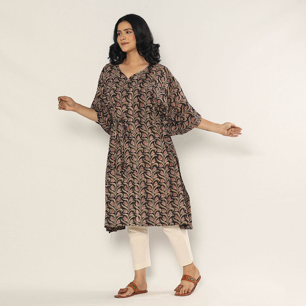 Black - Bagru Dabu Block Printing Cotton Kaftan Dress (Medium)