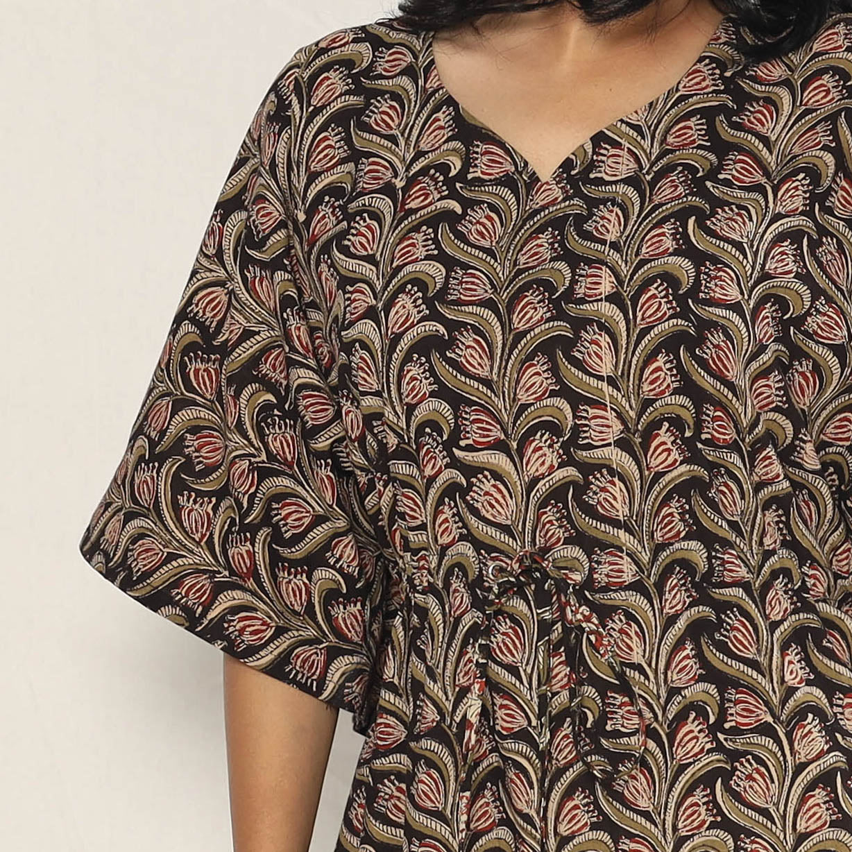 Black - Bagru Dabu Block Printing Cotton Kaftan Dress (Medium)