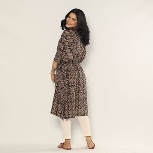 Black - Bagru Dabu Block Printing Cotton Kaftan Dress (Medium)