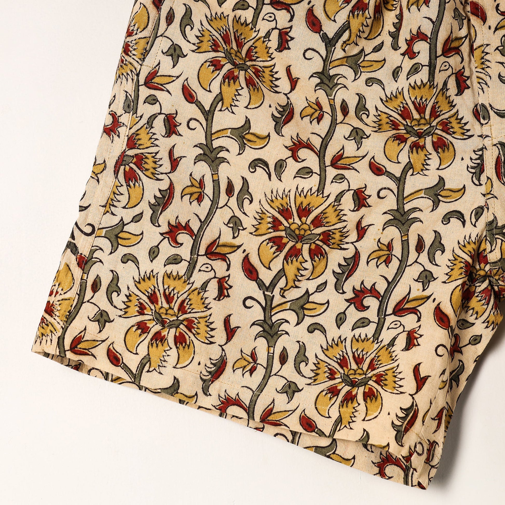 Beige - Kalamkari Block Printed Cotton Unisex Boxer/Shorts
