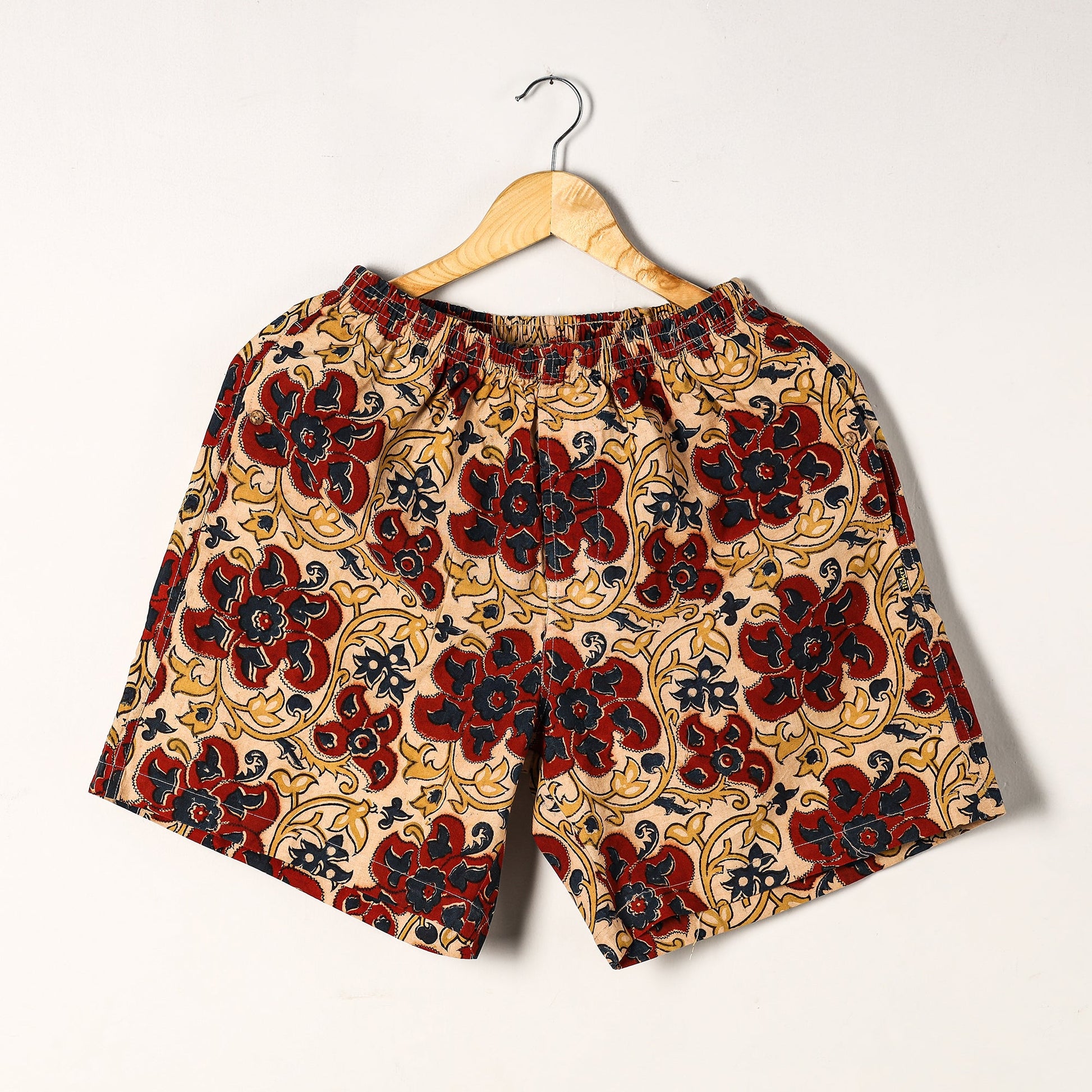 Beige - Kalamkari Block Printed Cotton Unisex Boxer/Shorts