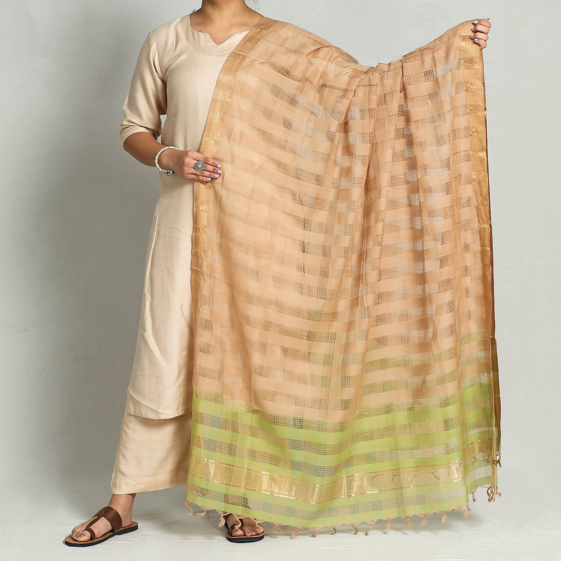 Brown - Original Mangalagiri Handloom Cotton Dupatta with Zari Border