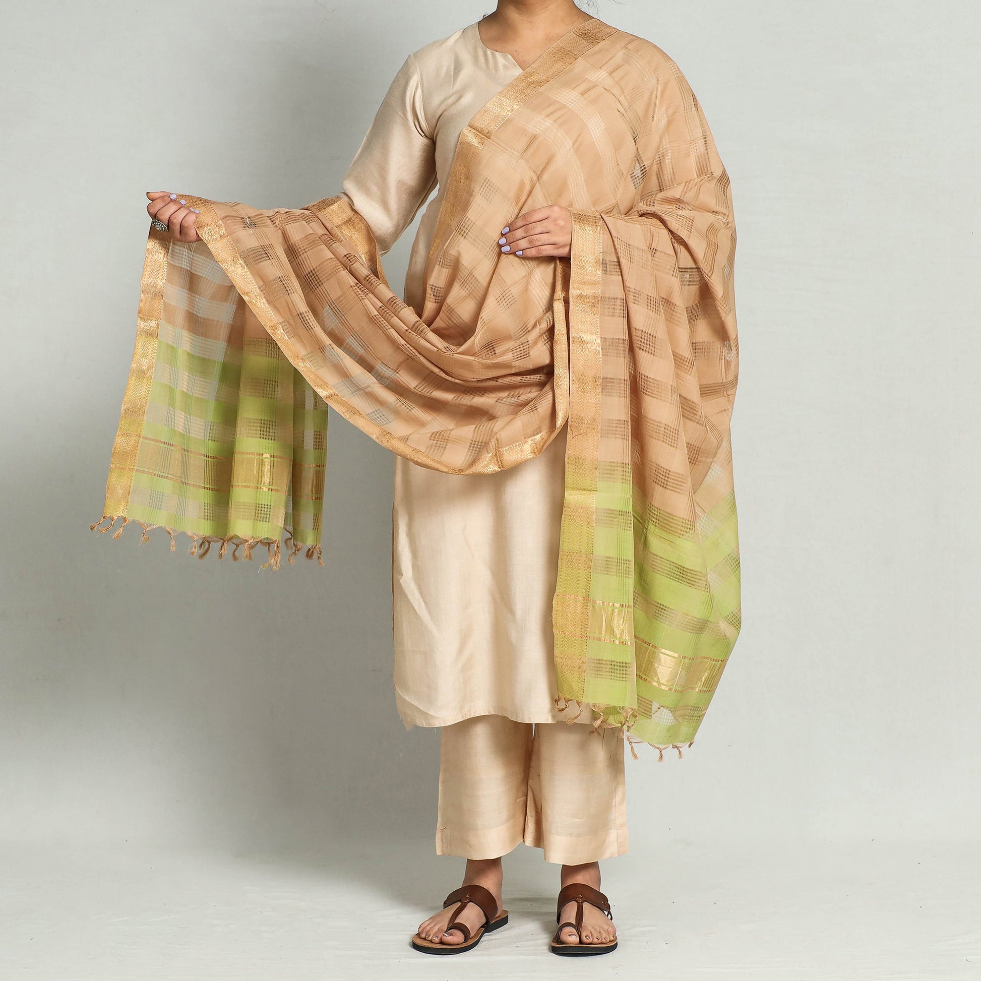 Brown - Original Mangalagiri Handloom Cotton Dupatta with Zari Border