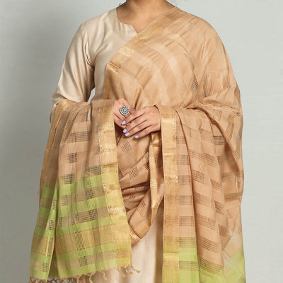 Brown - Original Mangalagiri Handloom Cotton Dupatta with Zari Border