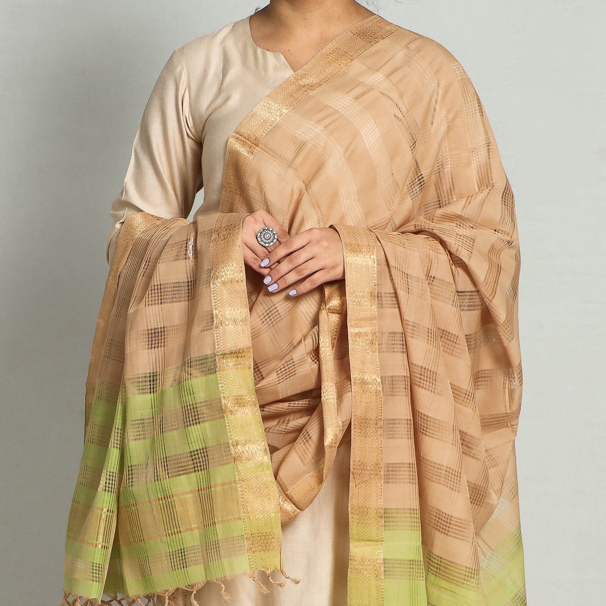 Brown - Original Mangalagiri Handloom Cotton Dupatta with Zari Border