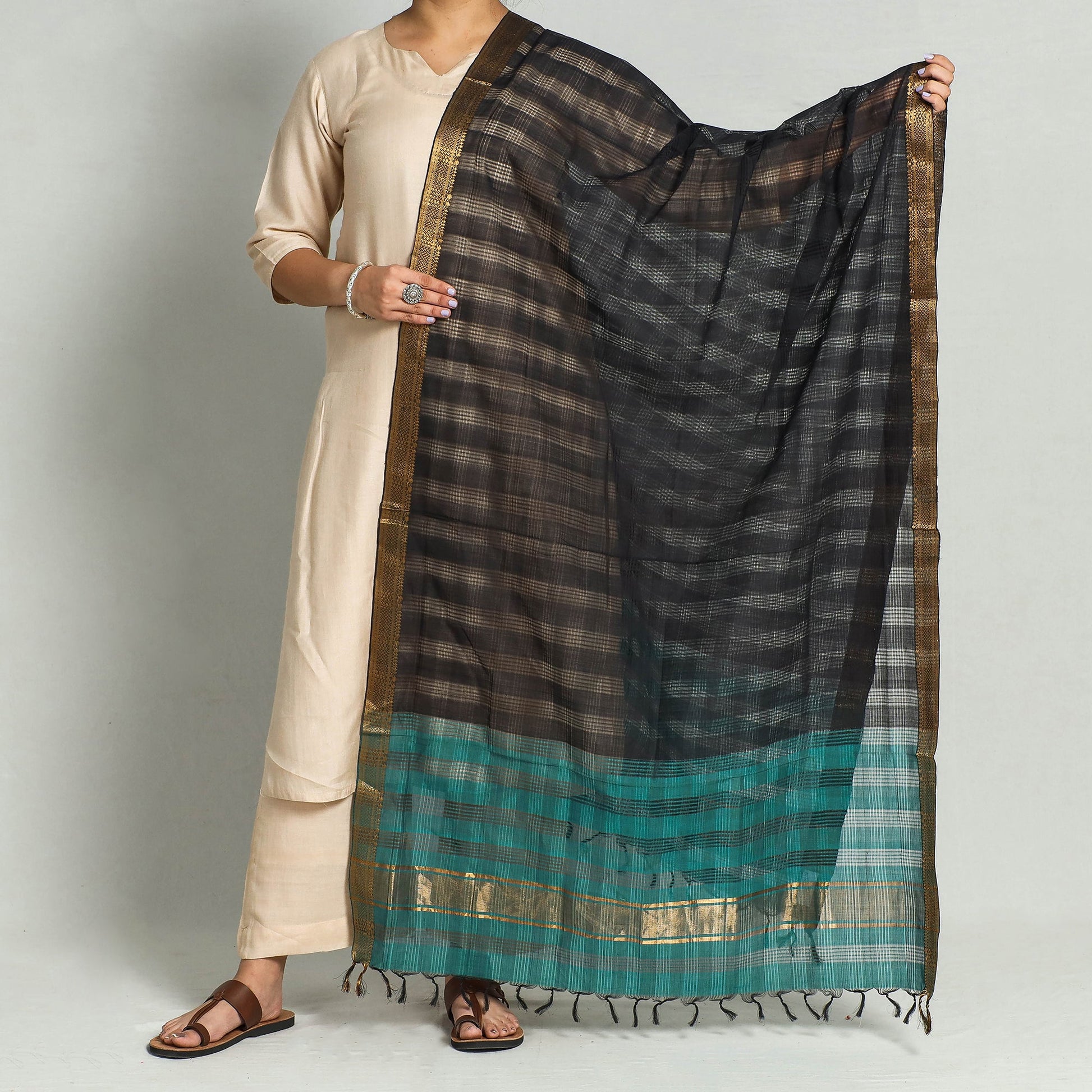 Black - Original Mangalagiri Handloom Cotton Dupatta with Zari Border