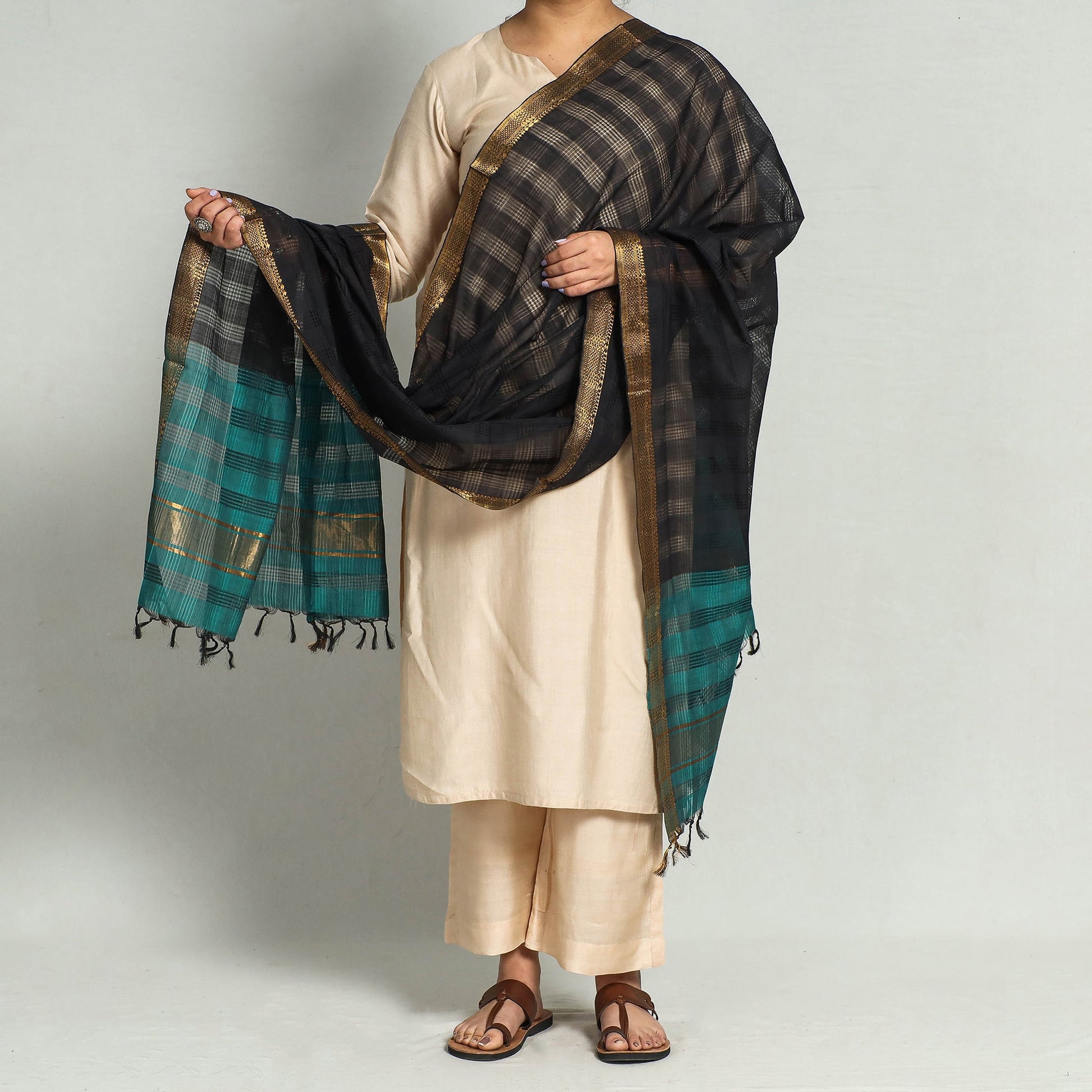 Black - Original Mangalagiri Handloom Cotton Dupatta with Zari Border