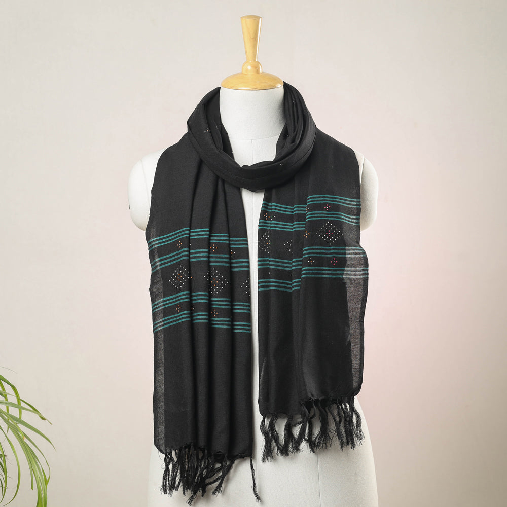Black - Tangaliya Work Handwoven Cotton Stole with Tassels