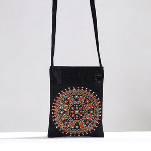 Black - Kutch Neran Hand Embroidery Mirror Work Mashru Silk Sling Bag 12