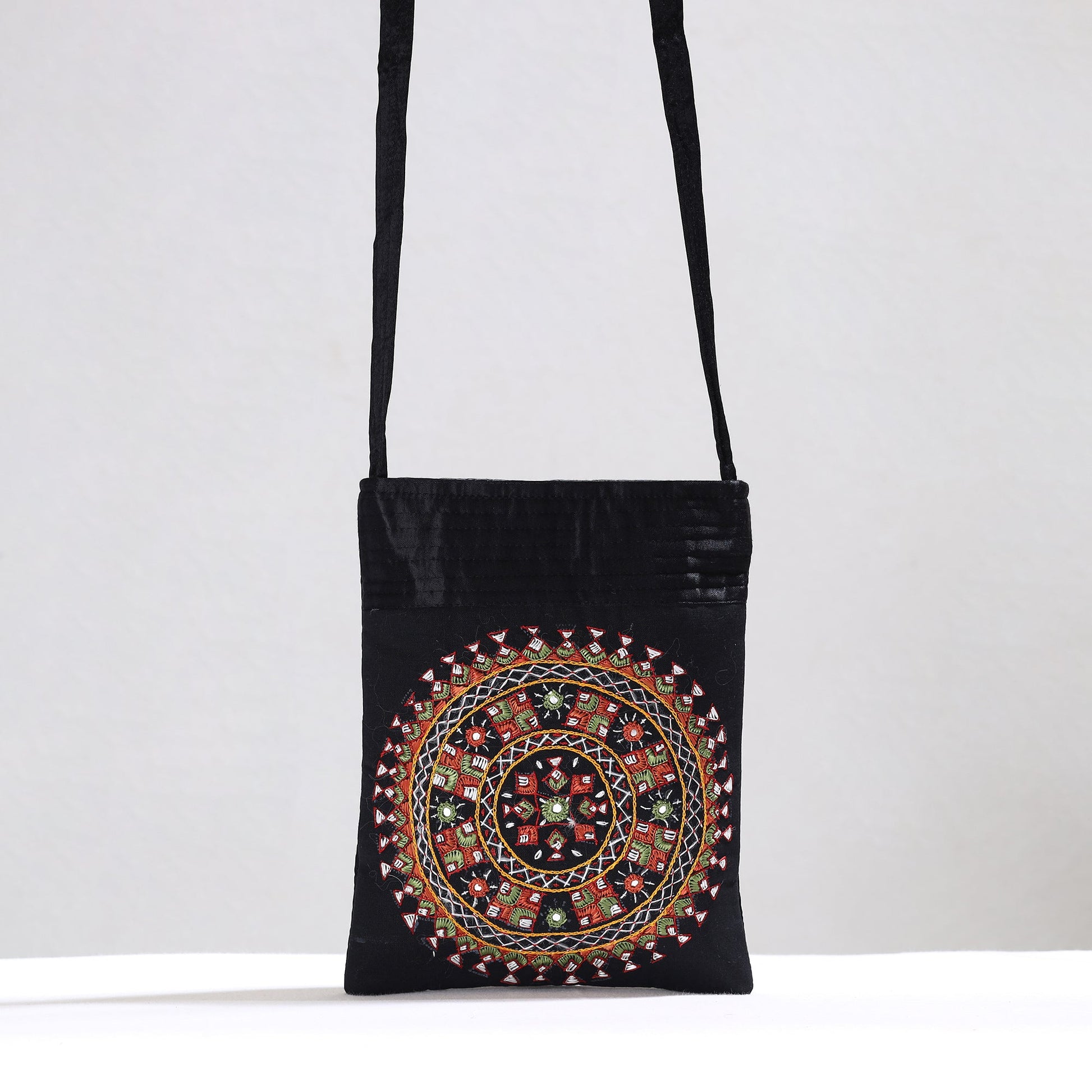Black - Kutch Neran Hand Embroidery Mirror Work Mashru Silk Sling Bag 12