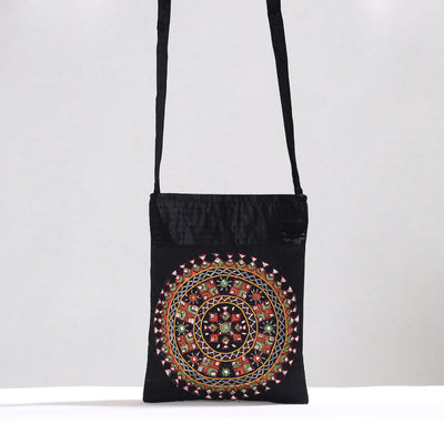 Black - Kutch Neran Hand Embroidery Mirror Work Mashru Silk Sling Bag 12