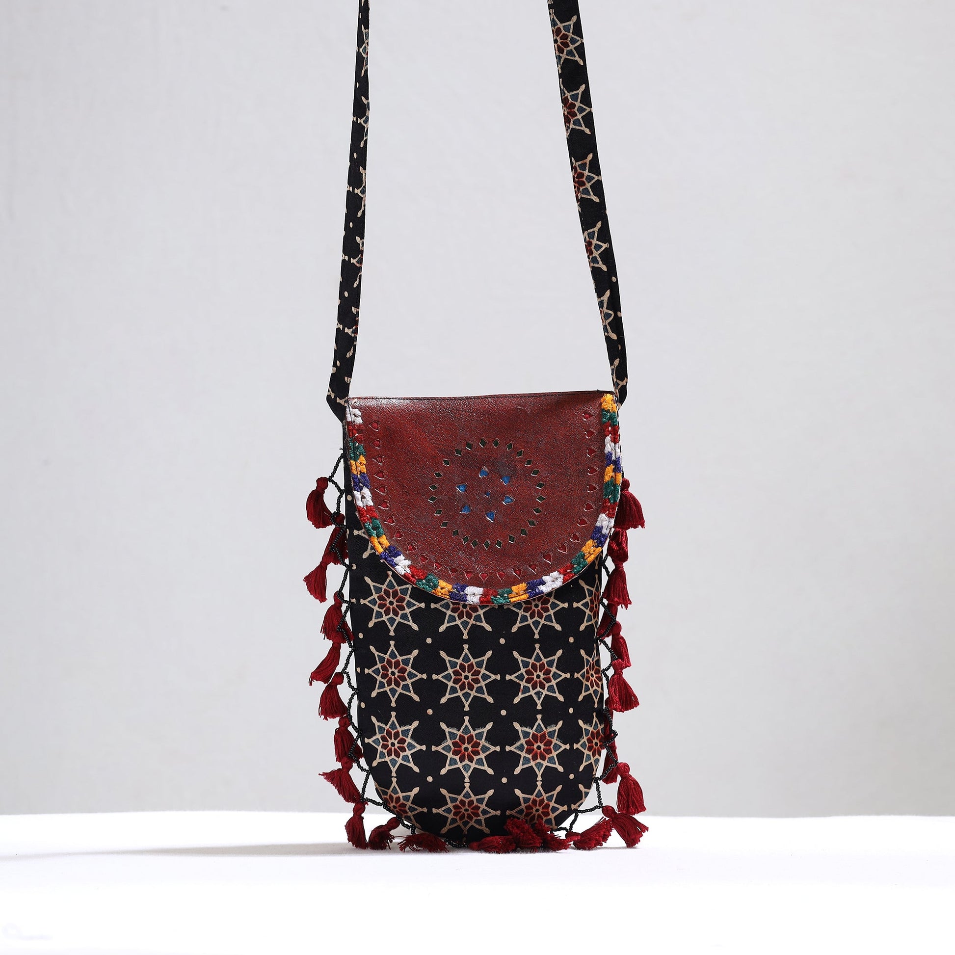 Black - Kutch Leather & Mashru Silk Sling Bag with Tassels 24