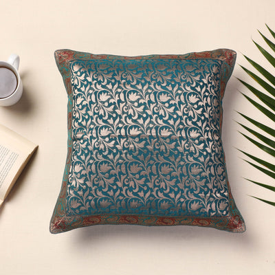 Blue - Banarasi Handwoven Silk Zari Cushion Cover (16 x 16 in)