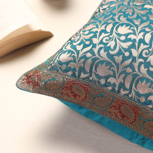 Blue - Banarasi Handwoven Silk Zari Cushion Cover (16 x 16 in)