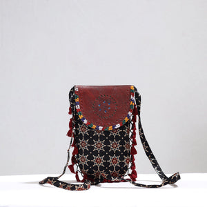 Black - Kutch Leather & Mashru Silk Sling Bag with Tassels 24