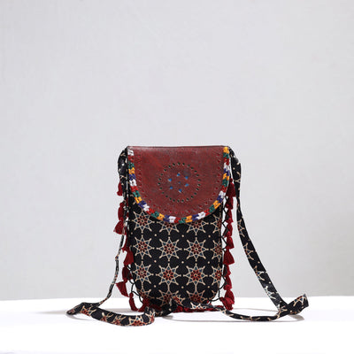Black - Kutch Leather & Mashru Silk Sling Bag with Tassels 24