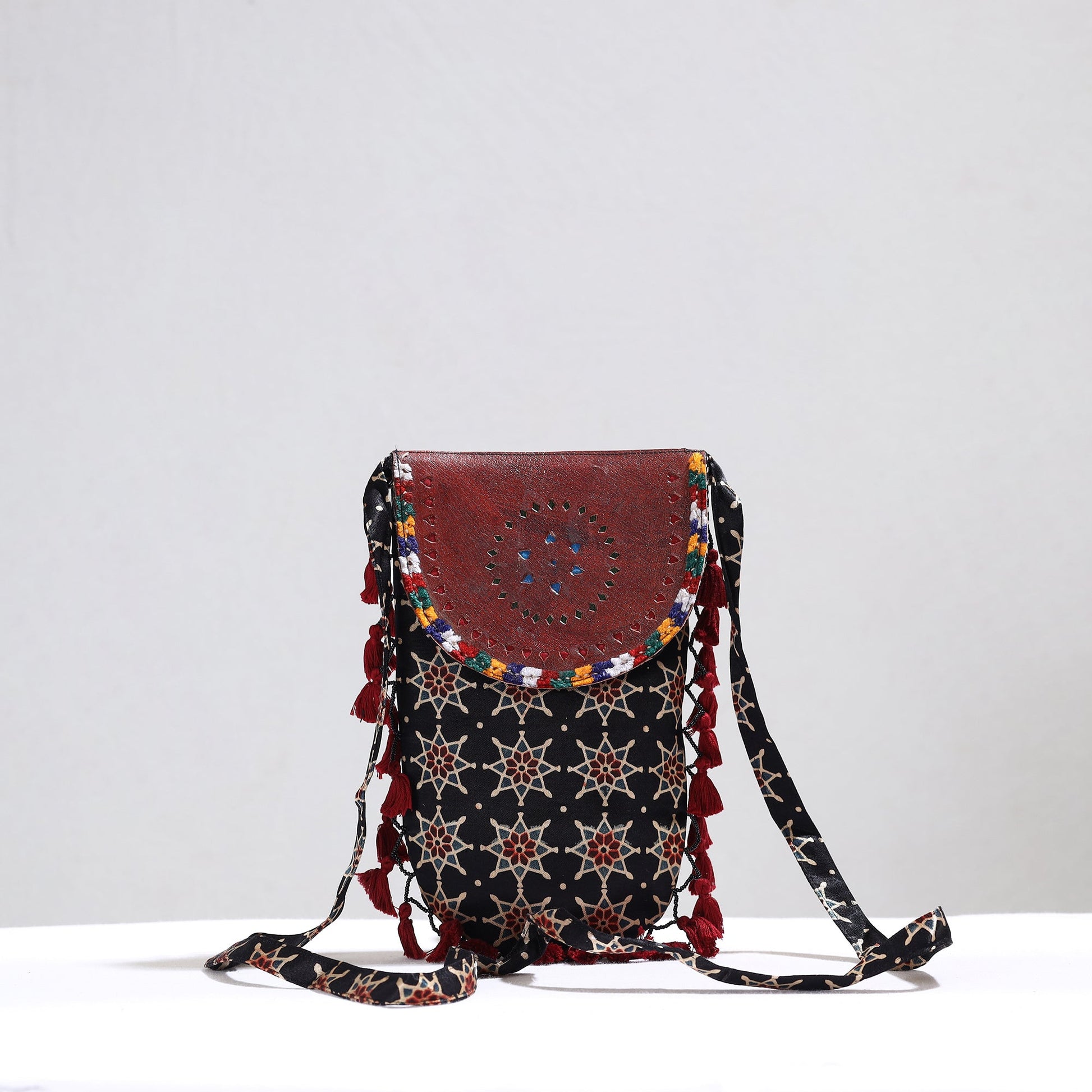 Black - Kutch Leather & Mashru Silk Sling Bag with Tassels 24