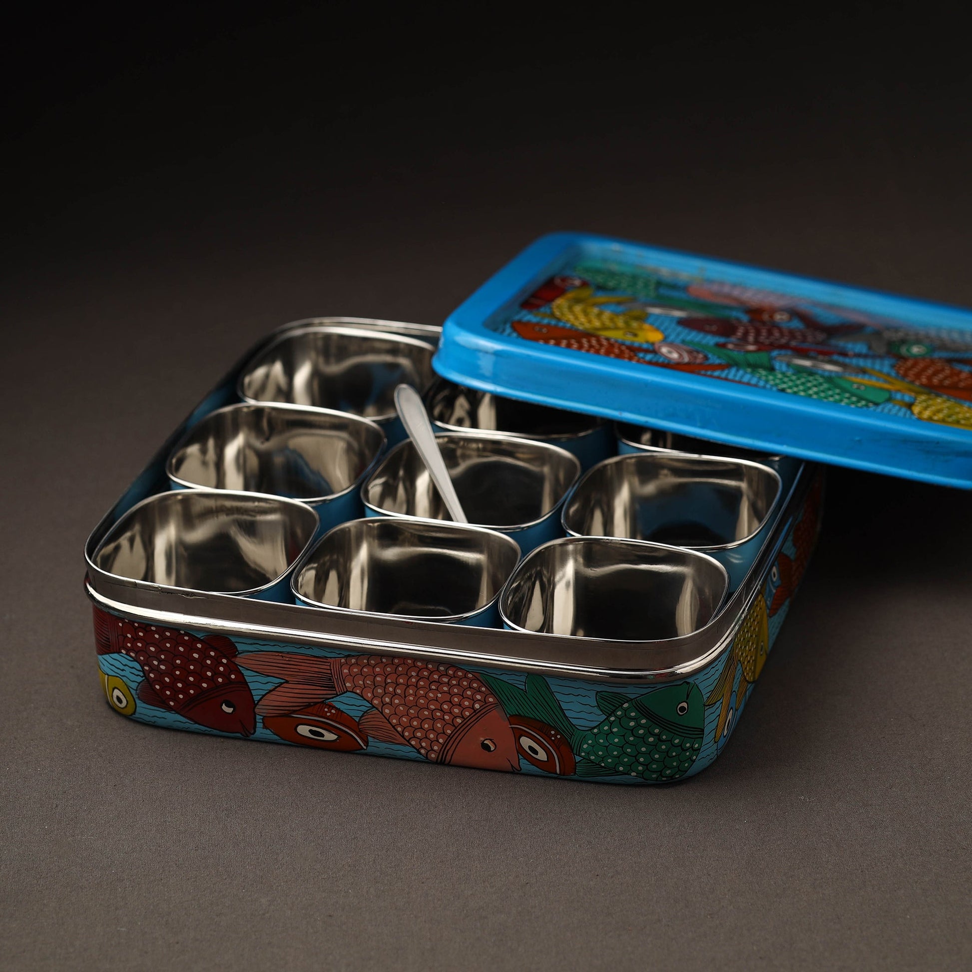 Blue - Bengal Patua Handpainted Stainless Steel Square Masala Box (9 x 9 in)