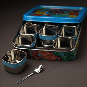 Blue - Bengal Patua Handpainted Stainless Steel Square Masala Box (9 x 9 in)