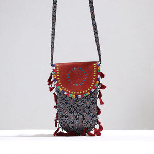 Black - Kutch Leather & Mashru Silk Sling Bag with Tassels 29