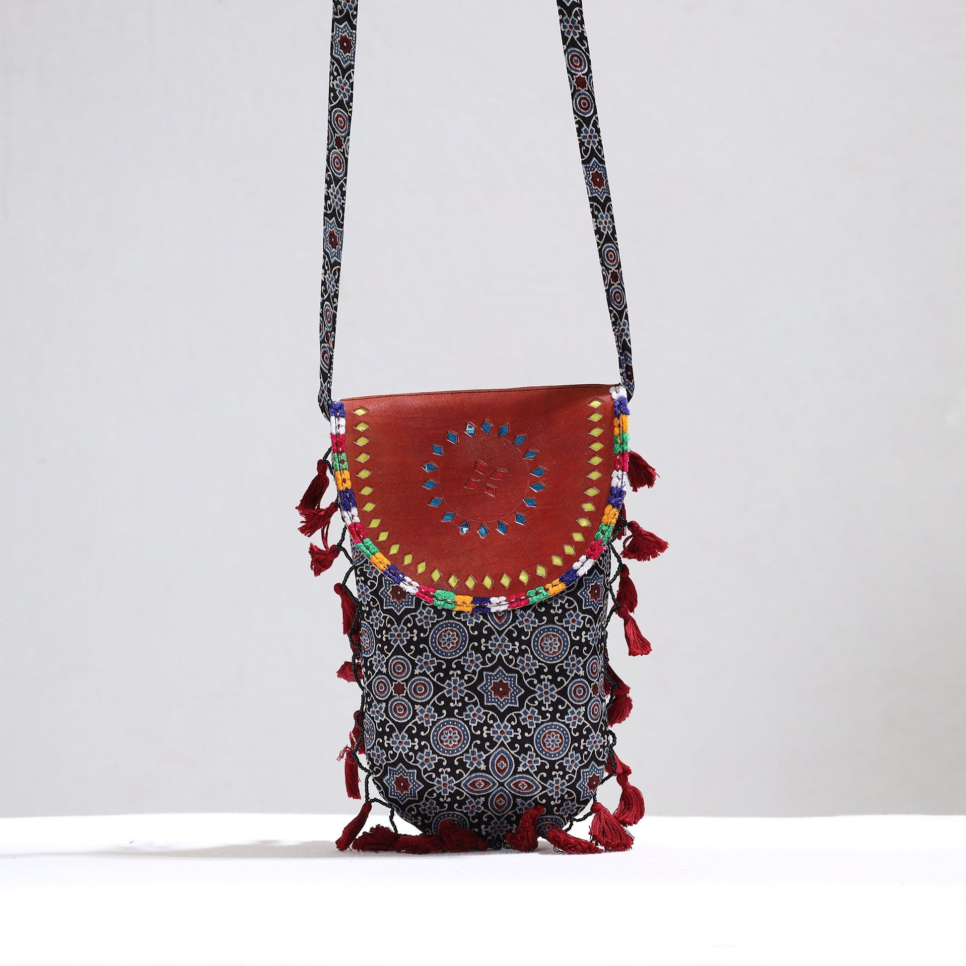 Black - Kutch Leather & Mashru Silk Sling Bag with Tassels 29