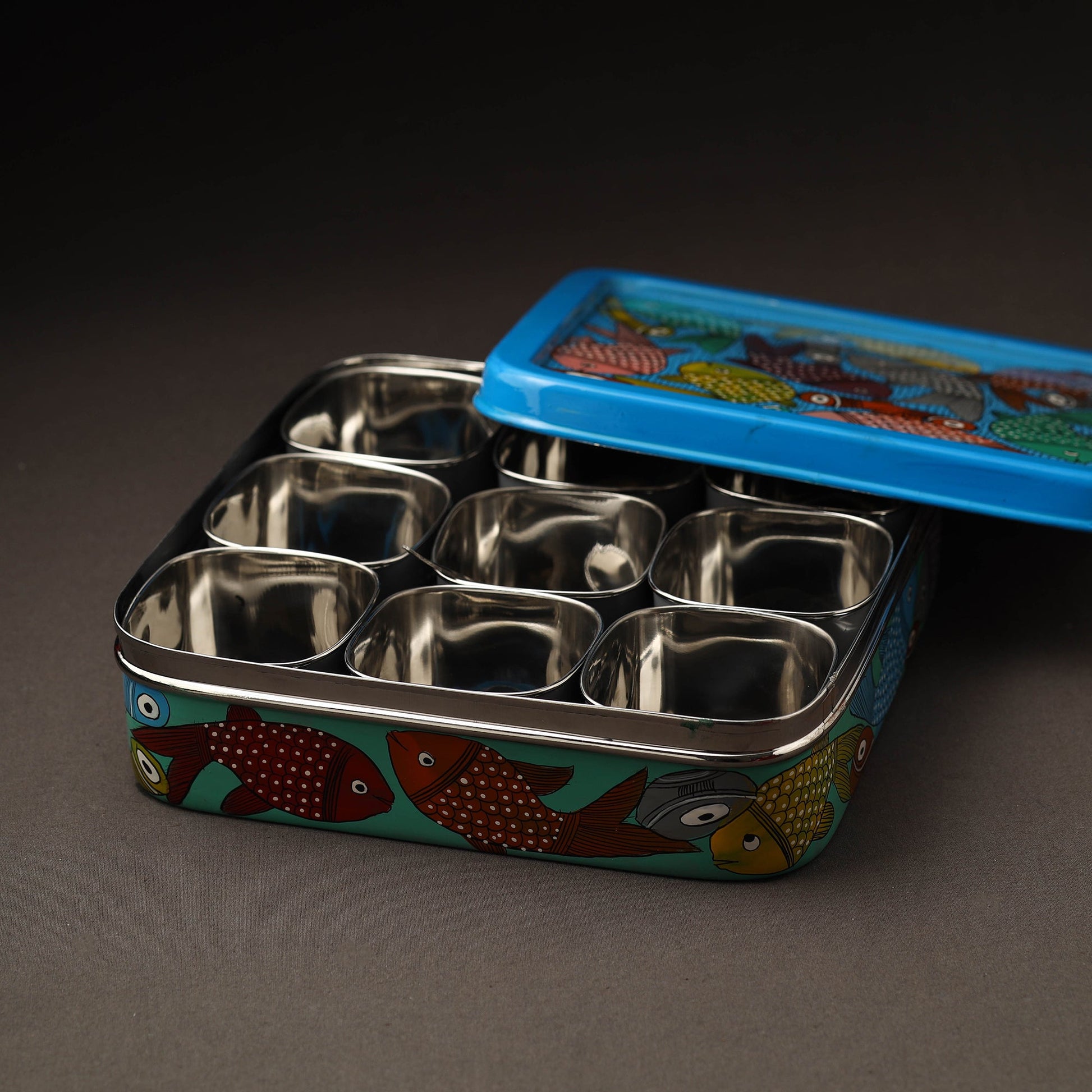 Blue - Bengal Patua Handpainted Stainless Steel Square Masala Box (9 x 9 in)