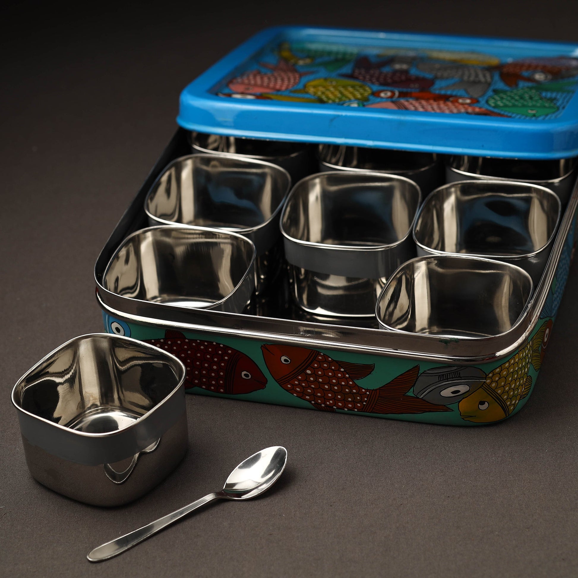 Blue - Bengal Patua Handpainted Stainless Steel Square Masala Box (9 x 9 in)