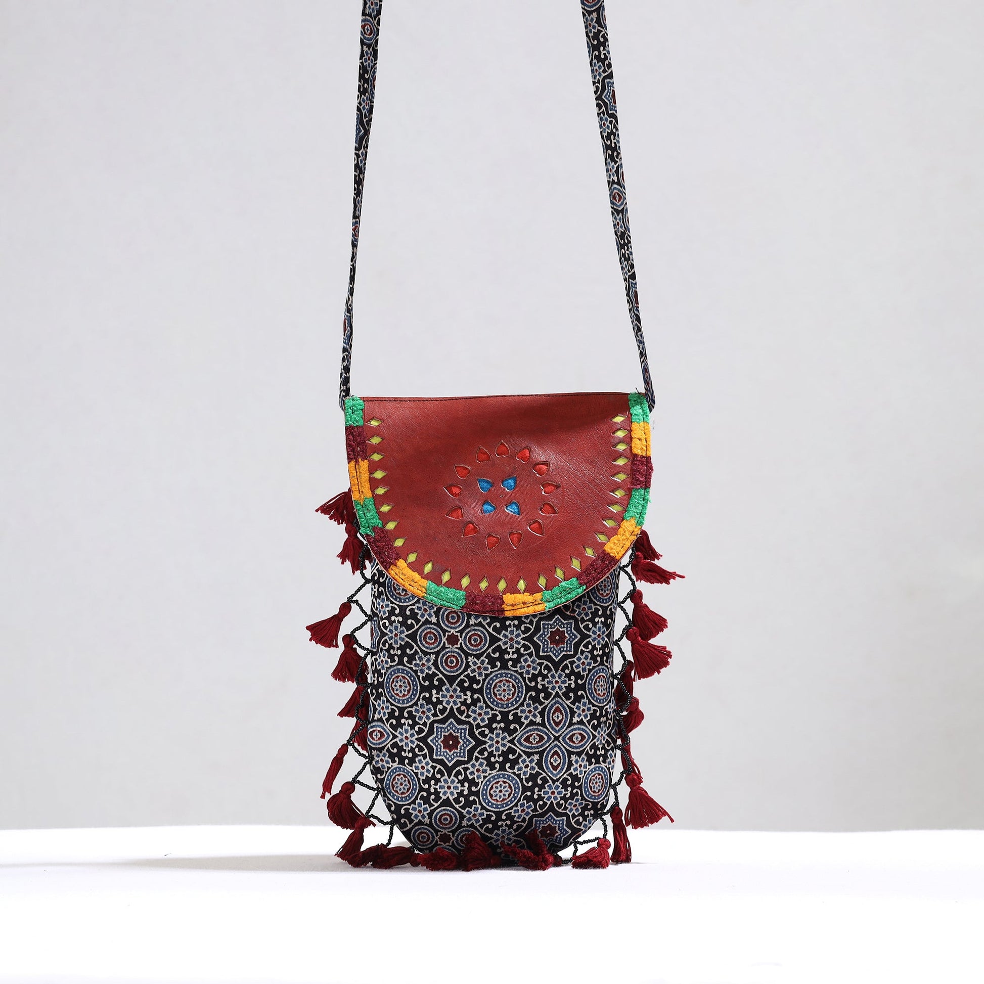 Black - Kutch Leather & Mashru Silk Sling Bag with Tassels 31