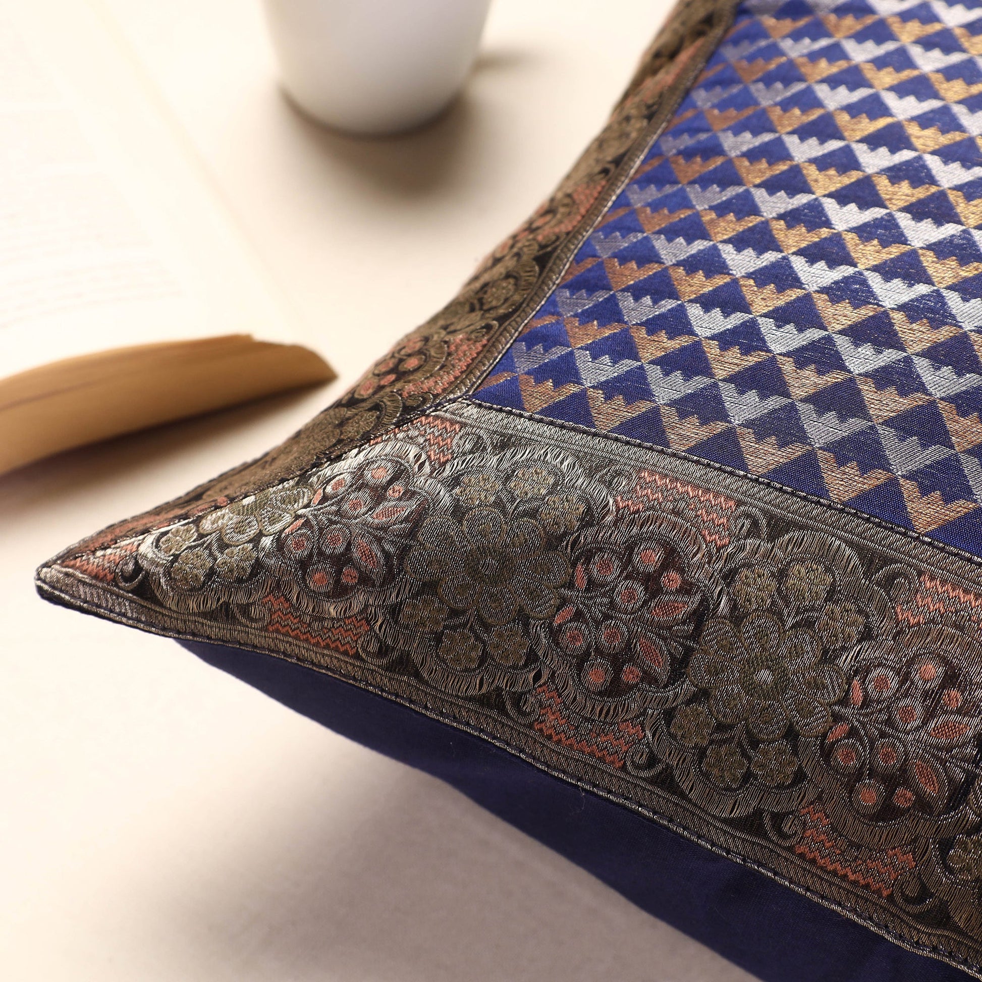 Blue - Banarasi Handwoven Silk Zari Cushion Cover (16 x 16 in)