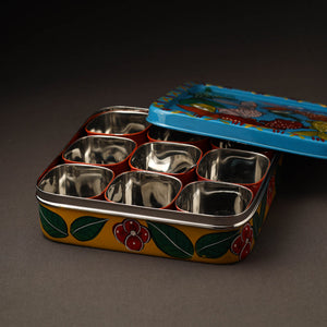 Blue - Bengal Patua Handpainted Stainless Steel Square Masala Box (9 x 9 in)
