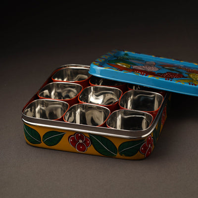 Blue - Bengal Patua Handpainted Stainless Steel Square Masala Box (9 x 9 in)