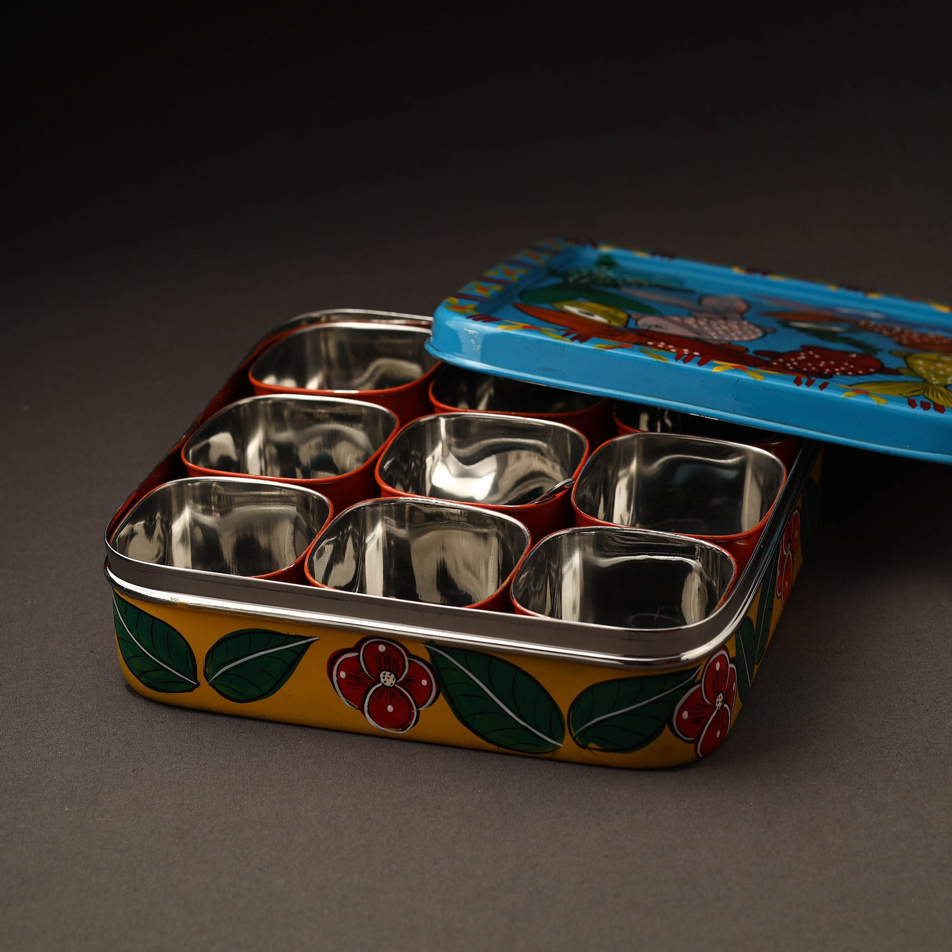 Blue - Bengal Patua Handpainted Stainless Steel Square Masala Box (9 x 9 in)