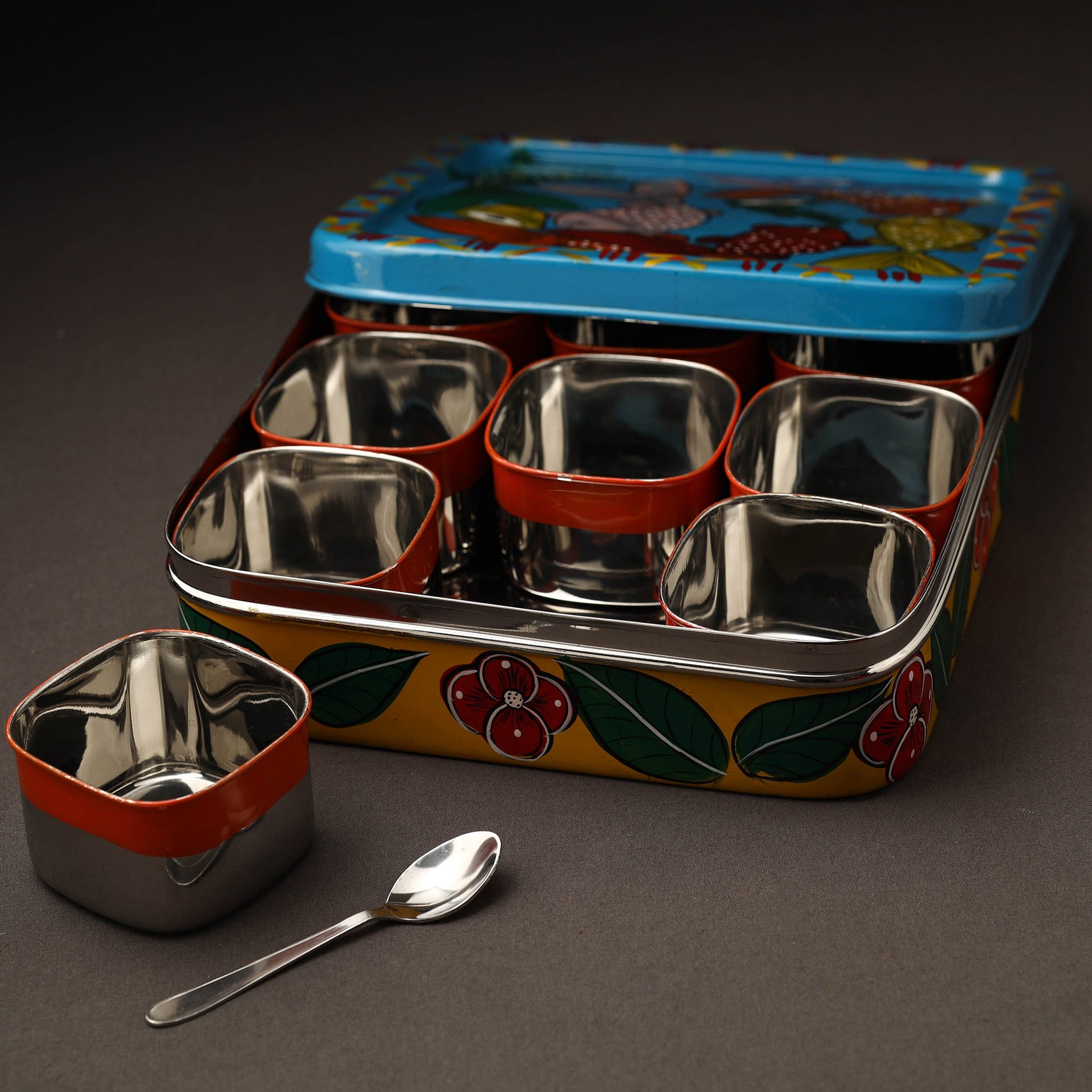 Blue - Bengal Patua Handpainted Stainless Steel Square Masala Box (9 x 9 in)
