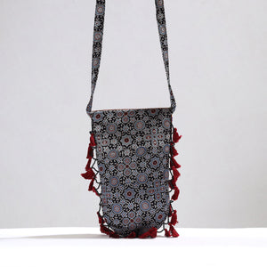 Black - Kutch Leather & Mashru Silk Sling Bag with Tassels 33