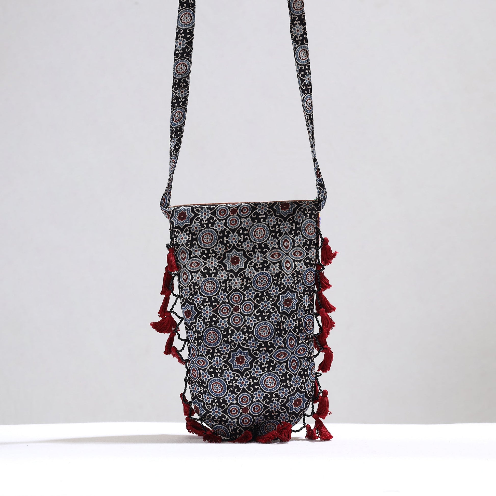 Black - Kutch Leather & Mashru Silk Sling Bag with Tassels 33