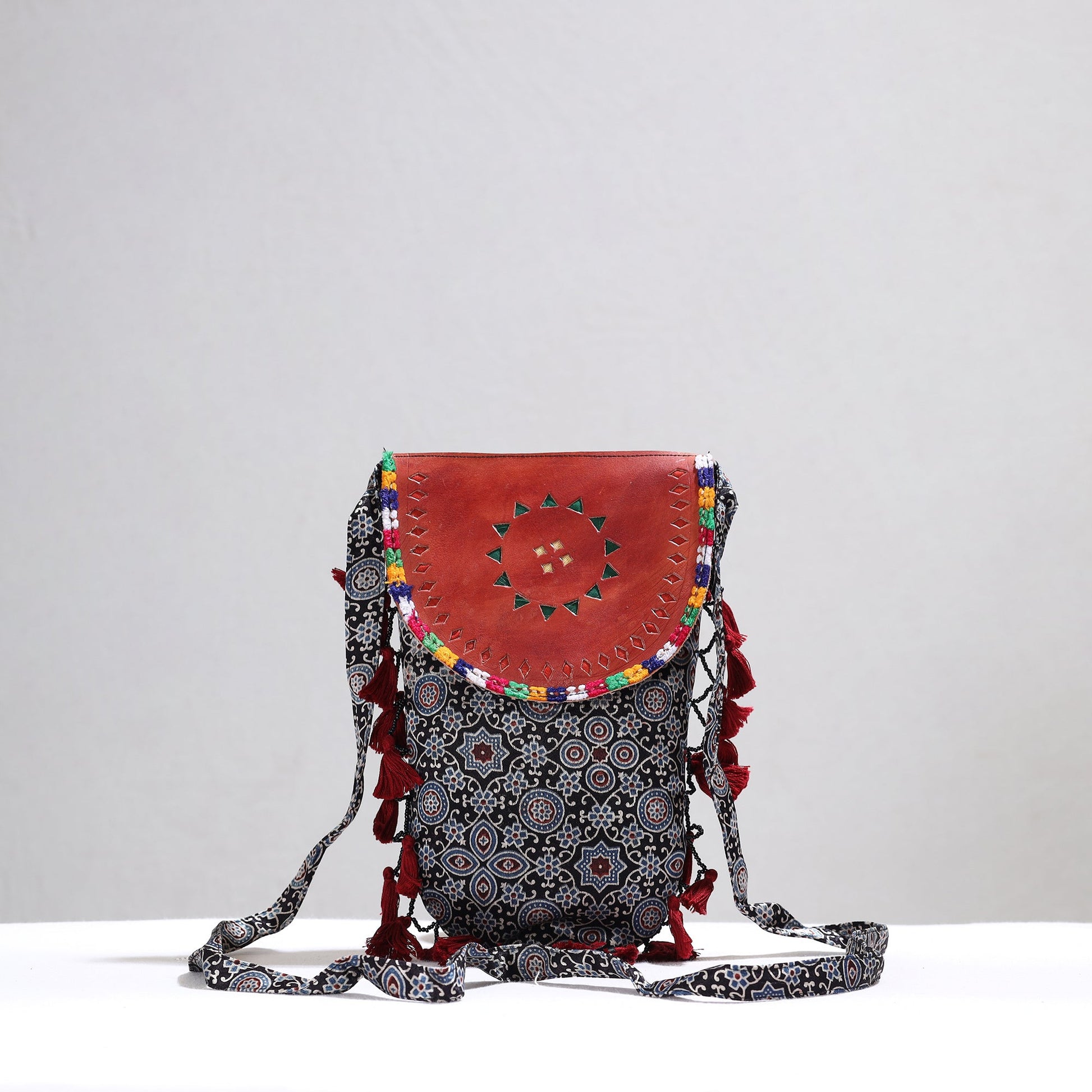 Black - Kutch Leather & Mashru Silk Sling Bag with Tassels 33