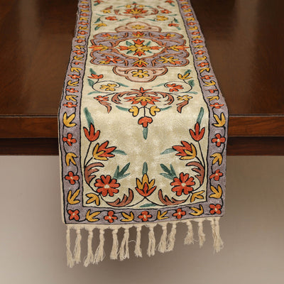 Beige - Kashmiri Crewel Hand Embroidery Table Runner 10