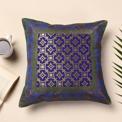 Blue - Banarasi Handwoven Silk Zari Cushion Cover (16 x 16 in)