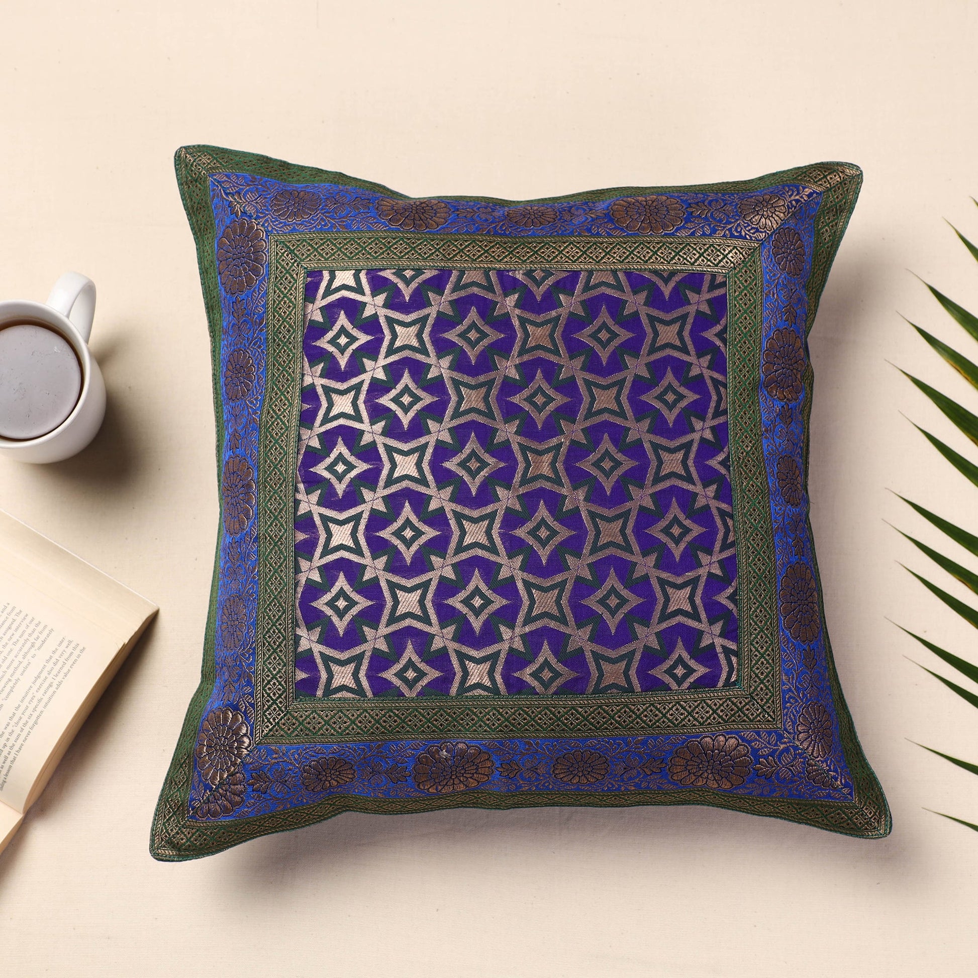 Blue - Banarasi Handwoven Silk Zari Cushion Cover (16 x 16 in)