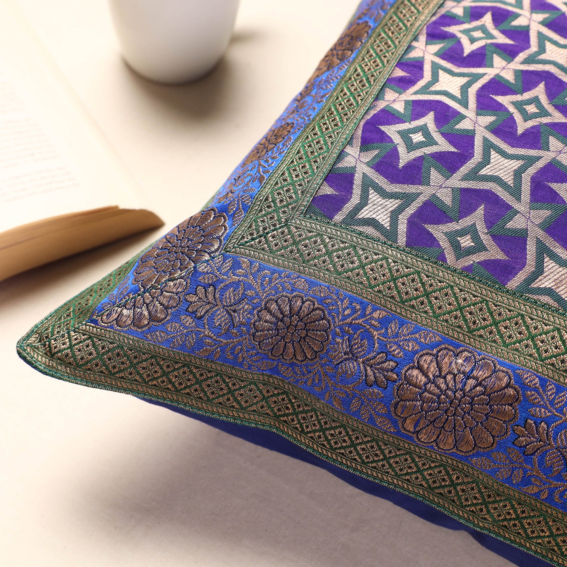 Blue - Banarasi Handwoven Silk Zari Cushion Cover (16 x 16 in)