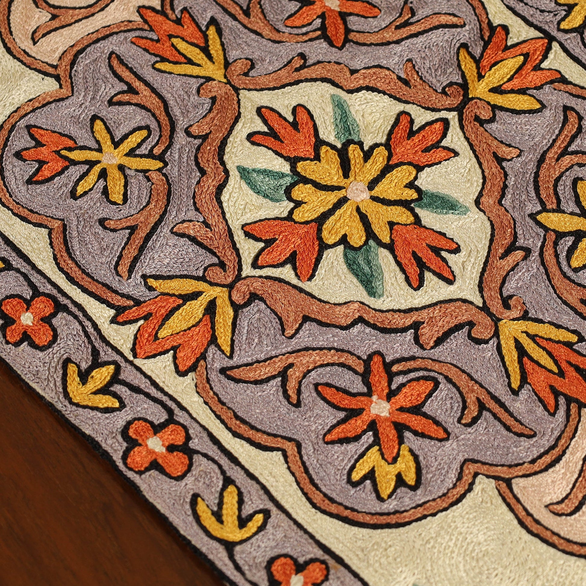 Beige - Kashmiri Crewel Hand Embroidery Table Runner 10