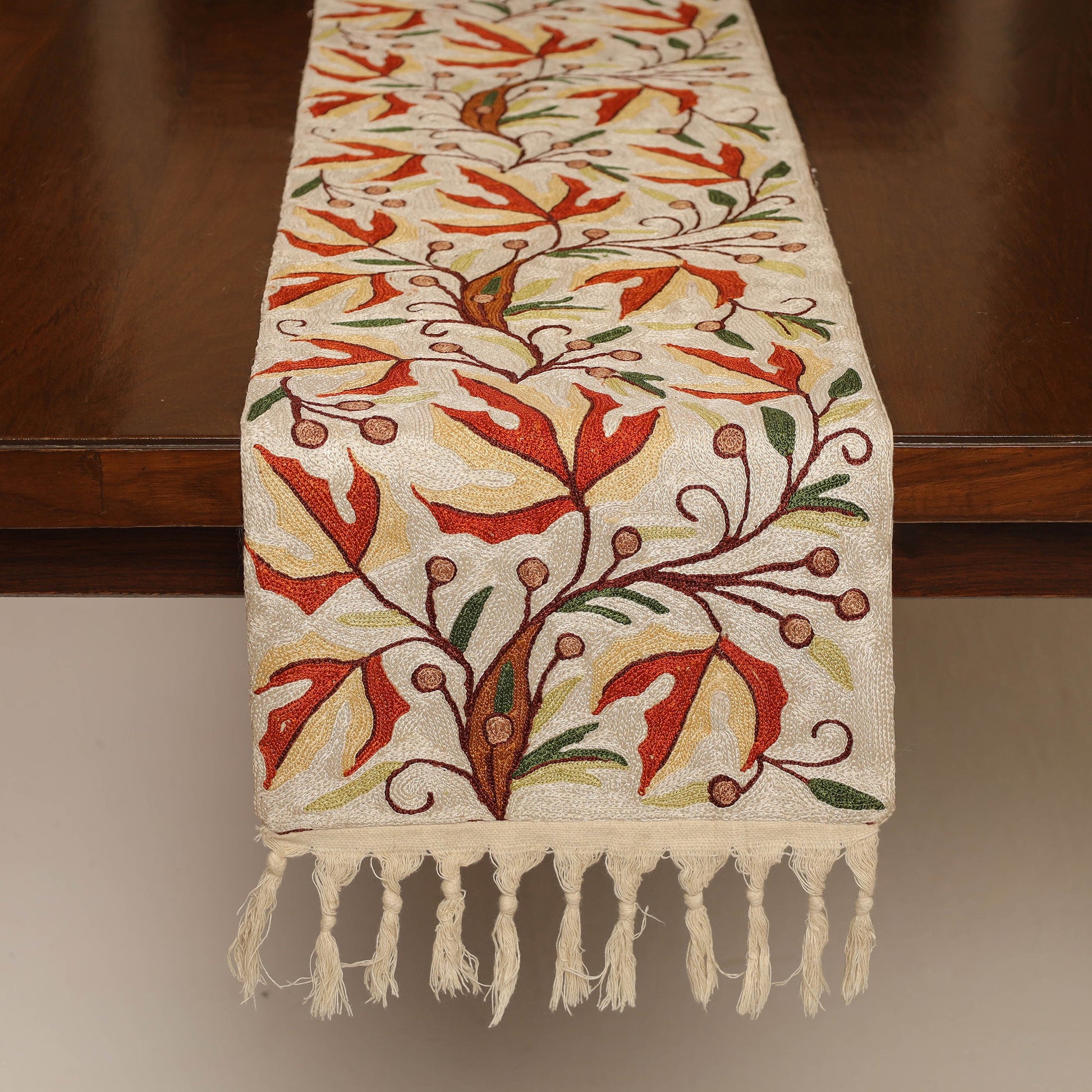 Beige - Kashmiri Crewel Hand Embroidery Table Runner 11