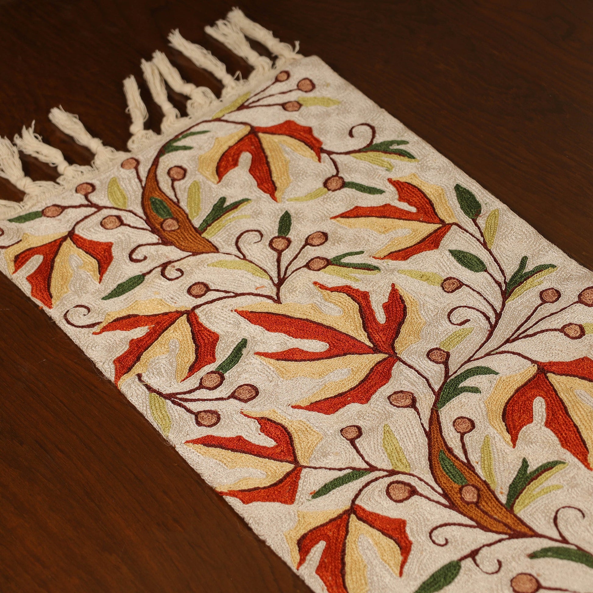 Beige - Kashmiri Crewel Hand Embroidery Table Runner 11