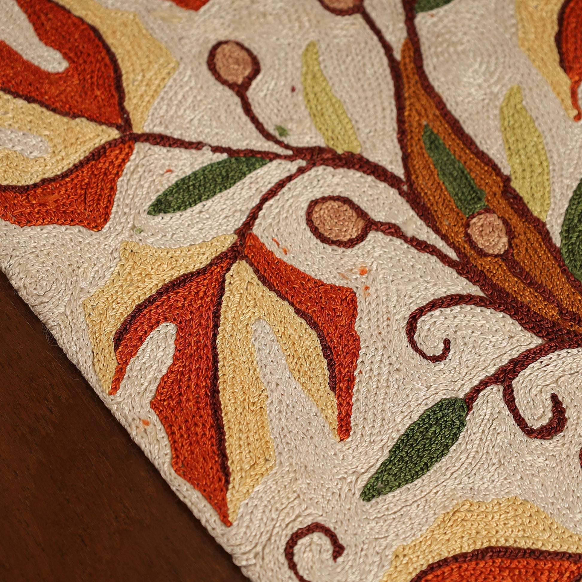 Beige - Kashmiri Crewel Hand Embroidery Table Runner 11