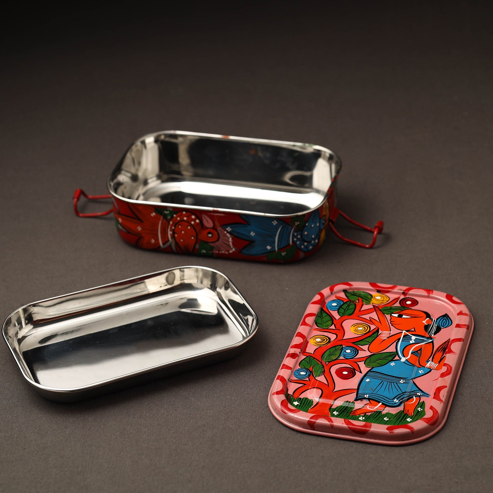 Bengal Patua Handpainted Stainless Steel Rectangle Lunch Box (6 x 4 in)