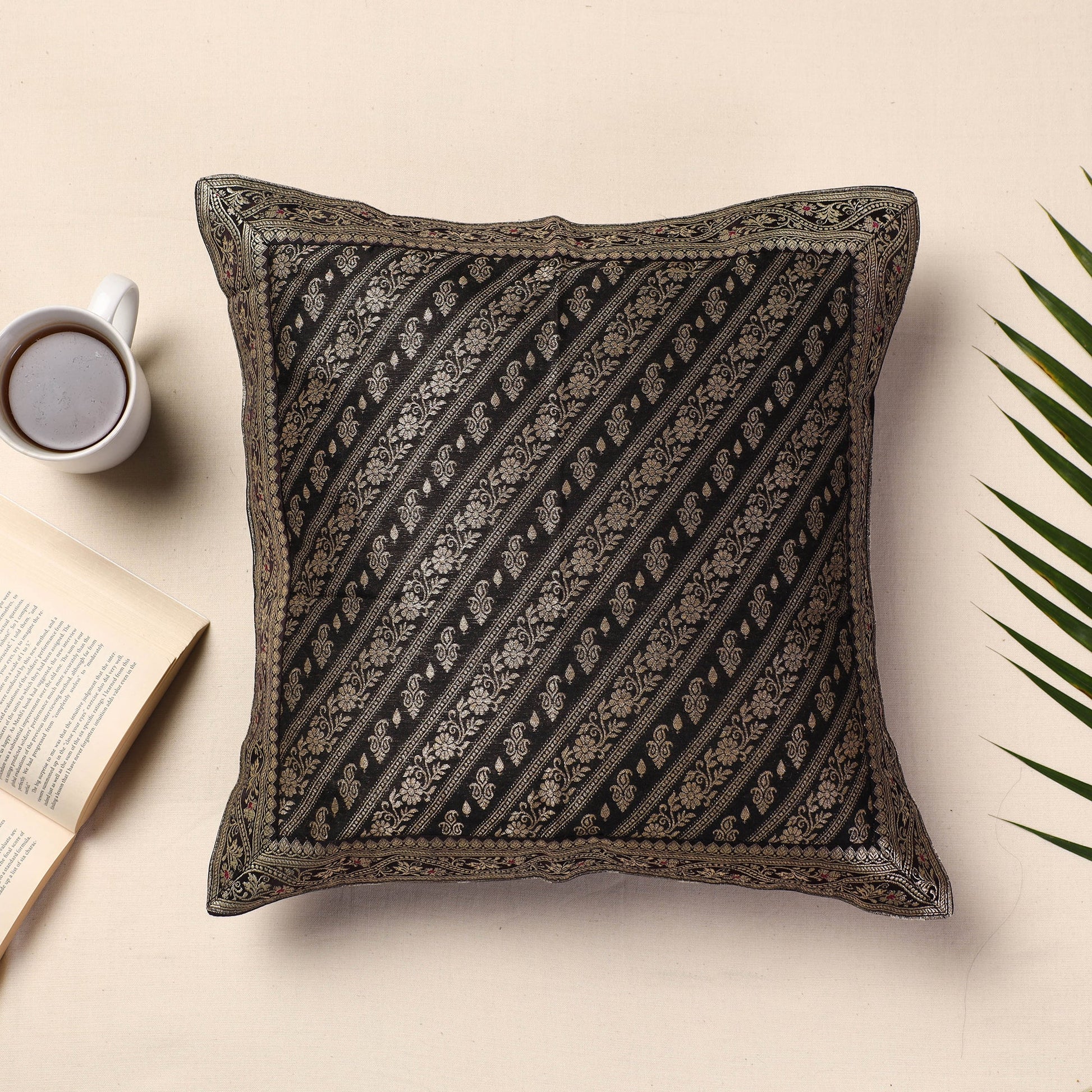 Black - Banarasi Handwoven Silk Zari Cushion Cover (16 x 16 in)