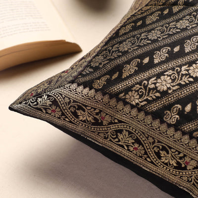 Black - Banarasi Handwoven Silk Zari Cushion Cover (16 x 16 in)