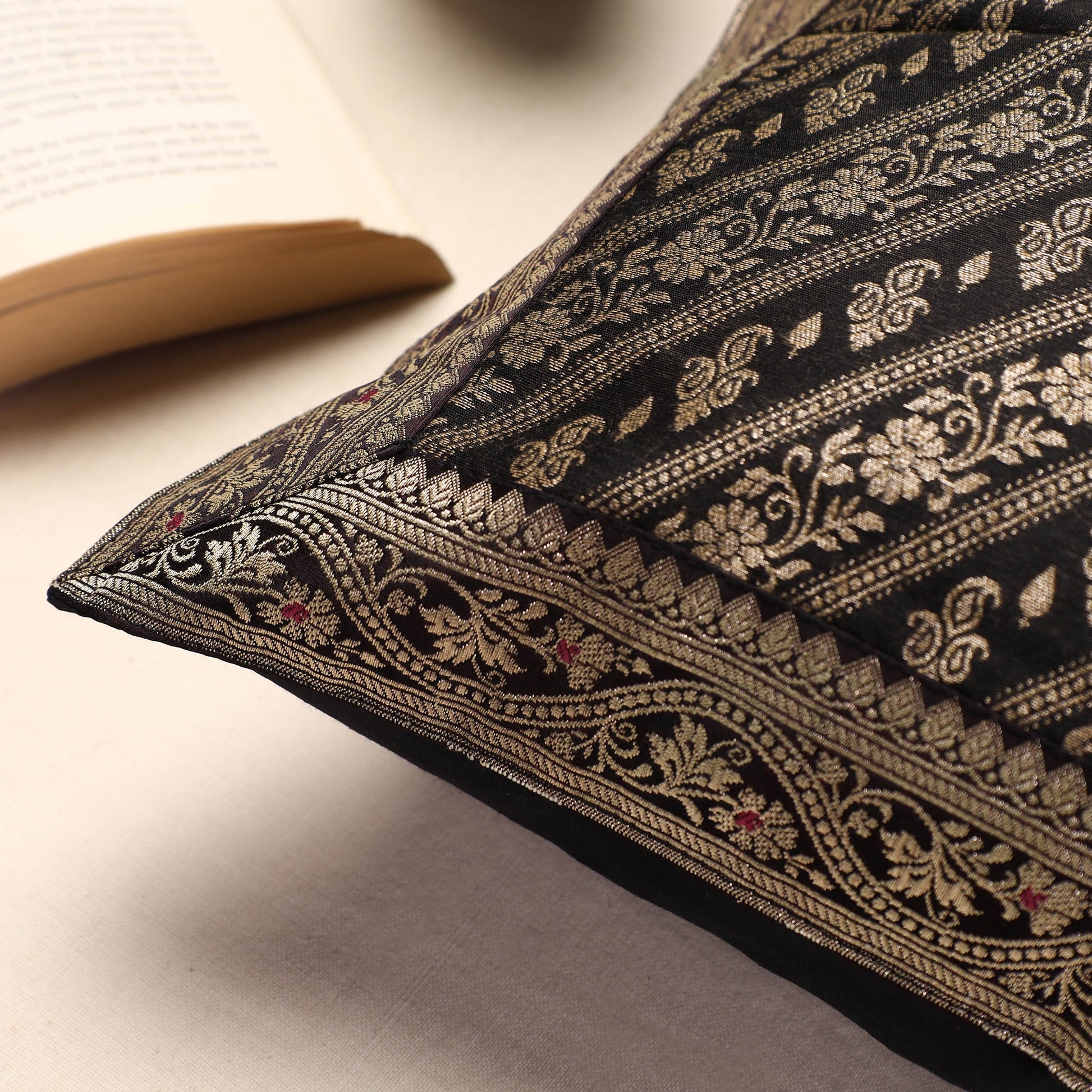 Black - Banarasi Handwoven Silk Zari Cushion Cover (16 x 16 in)