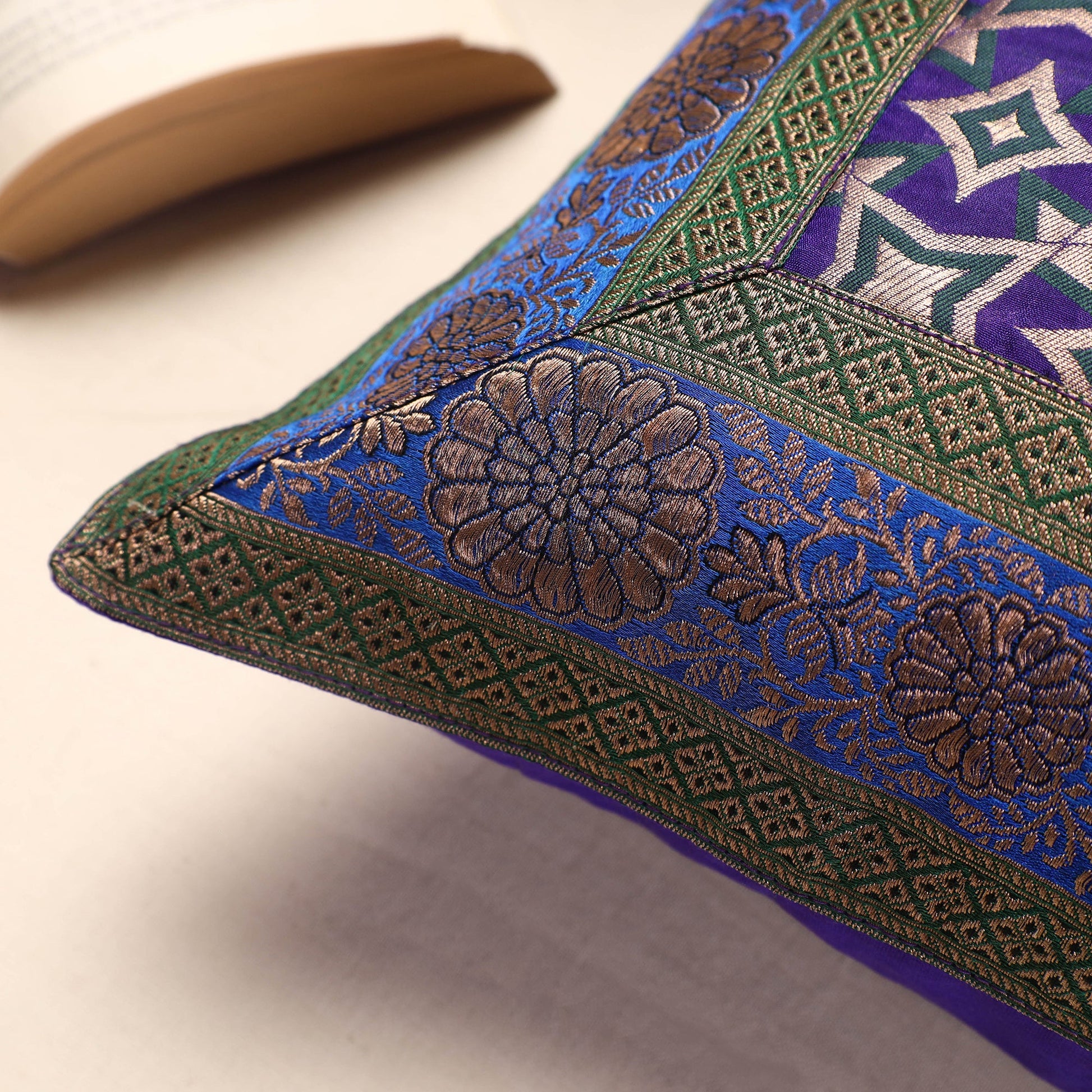 Blue - Banarasi Handwoven Silk Zari Cushion Cover (16 x 16 in)