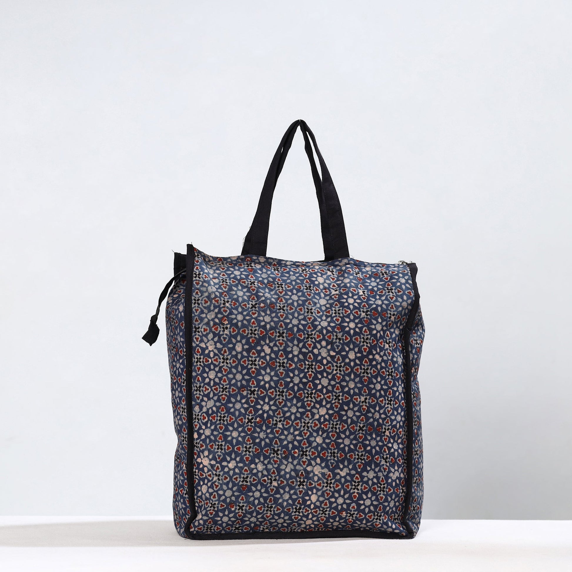 Black - Handmade Ajrakh Block Printed Cotton Shopping Bag 01